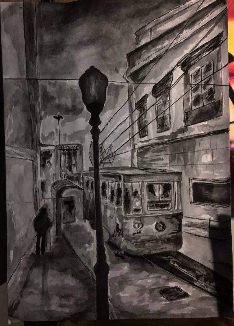 Tram at night, ink wash