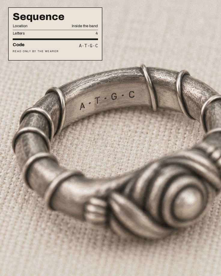 Silver jewelry detail engraved with a sequence code