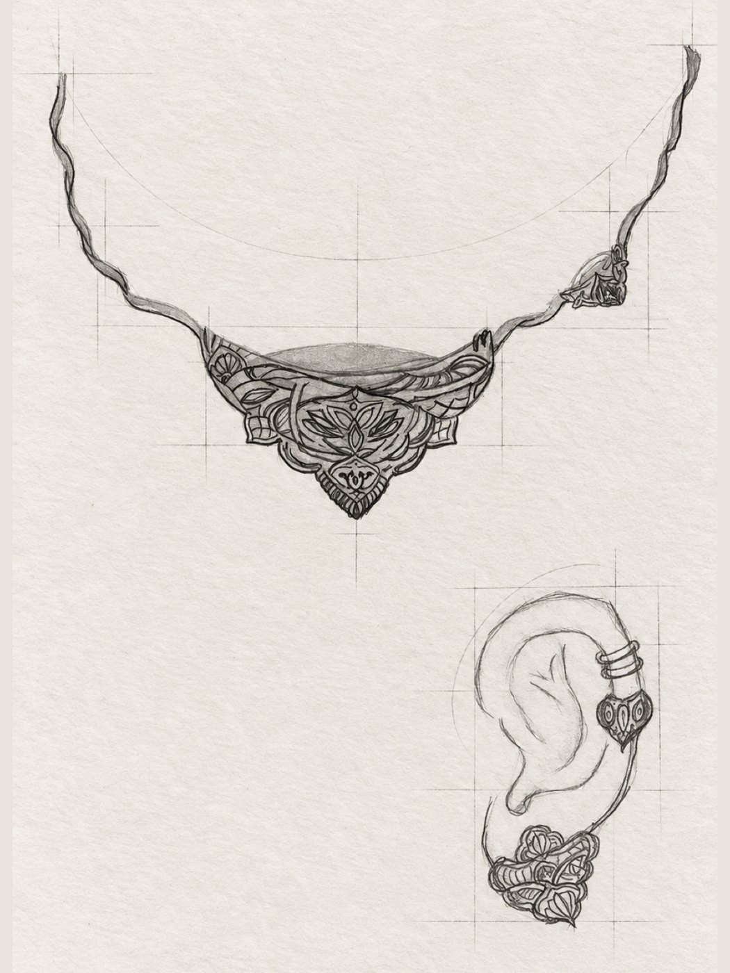 Leaf in Shadow, pencil line study of the necklace and ear cuff