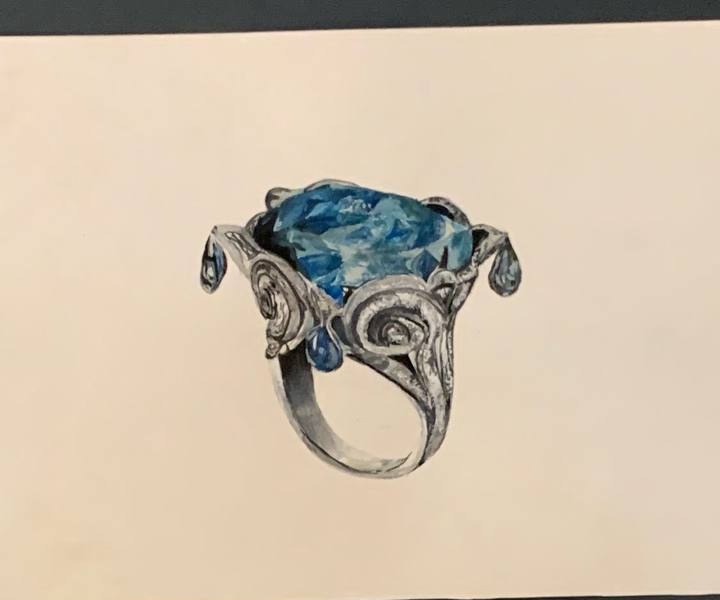 Aquamarine ring rendering in gouache
