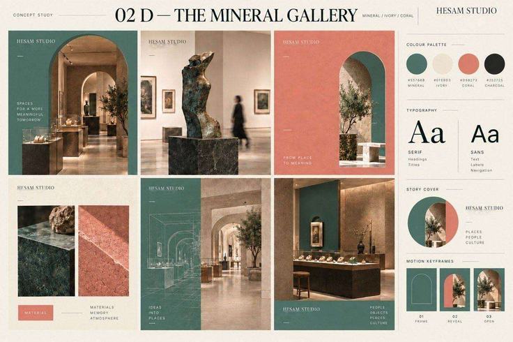 The Mineral Gallery concept board: arched gallery spaces, bronze figure, palette and type